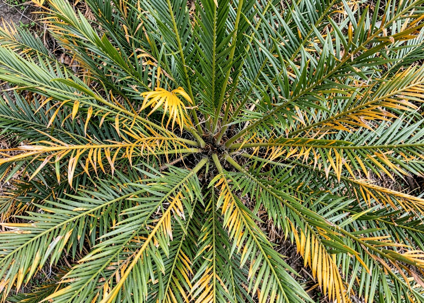 Couronne de Phoenix canariensis présentant des palmes jaunissantes
