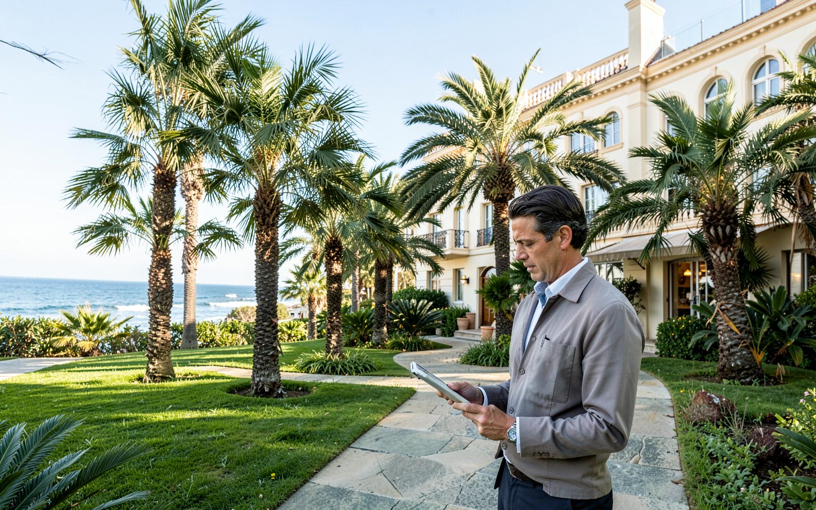 Gestionnaire consultant l'inventaire d'un parc de palmiers en bord de mer