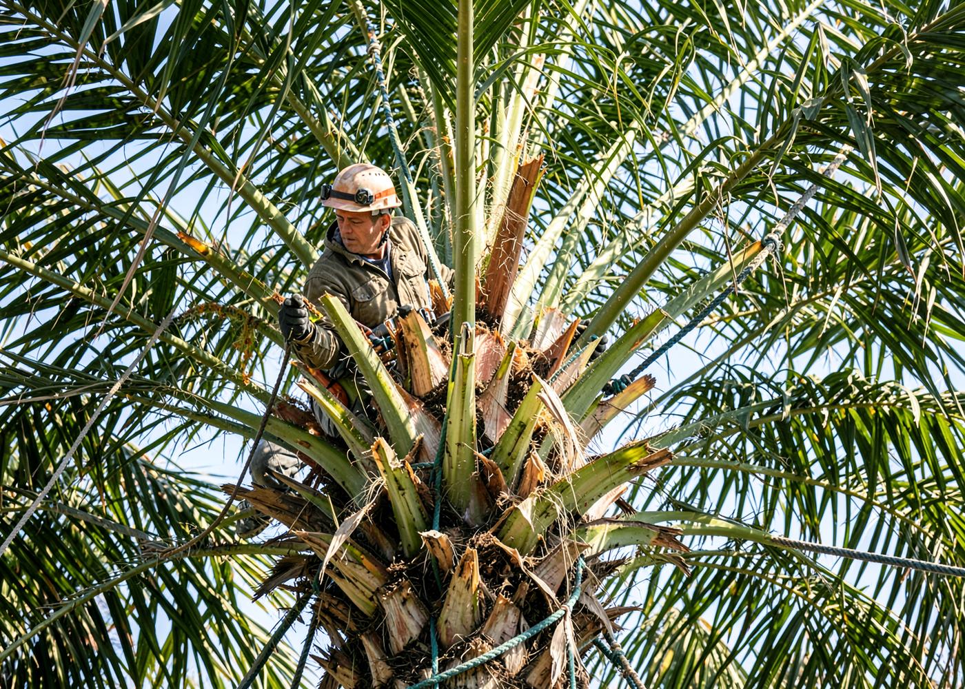 Spécialiste du palmier intervenant dans la couronne d'un Phoenix canariensis